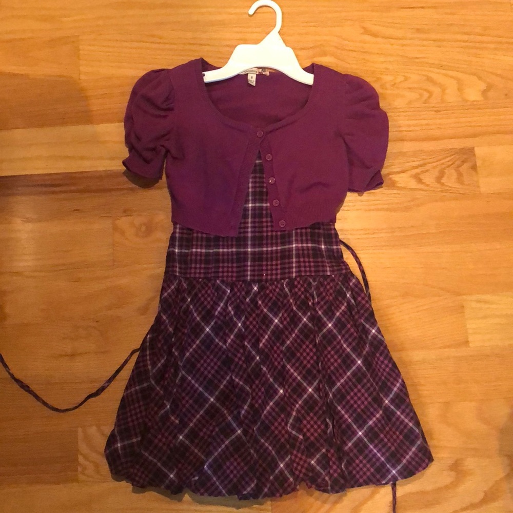 Girls’ Size 8 Plaid Purple & Black Dress with Cardigan